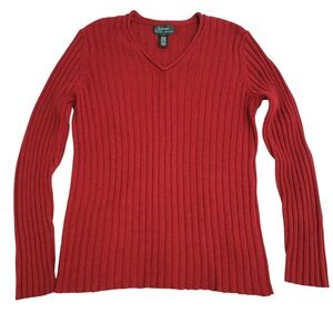 VTG Lauren Ralph Lauren Red Silk Linen Cotton Ribbed V-Neck Sweater Women's M